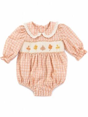 Stitchy Fish 3-6M Peachy Pink Gingham Smocked Bubble Romper Embroidered Leaves